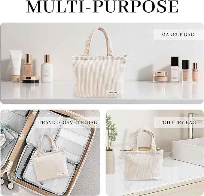 Wudygirl Makeup Bag Travel Small Cosmetic Tote Bag for Women Small Makeup Pouch with Handle Zipper Cosmetic Pouch Handbag Aesthetic (Beige)
