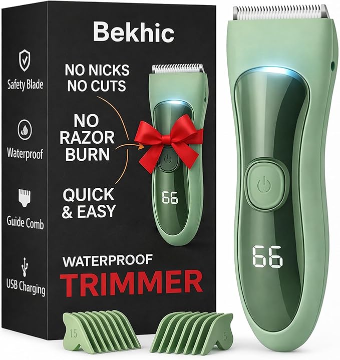 Bekhic® Bikini & Manscape Body Hair Trimmer for Men & Women – Cordless Electric Groin Shaver with No-Nick Ceramic Blade – IPX7 Waterproof Wet/Dry Pubic Groomer with LED Light for Sensitive Skin