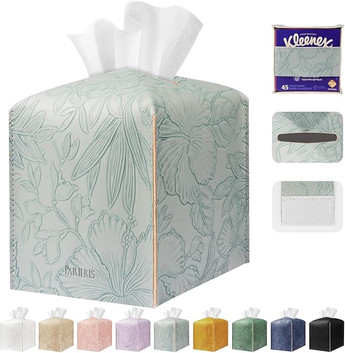 Tissue Box Holder Cover Square Tissue Cube Cover PU Leather Tissue Organizer with Bottom Belt for Bathroom, Tabletop, Kitchen, Night Stands, Office, Home, Car (1, Blue)