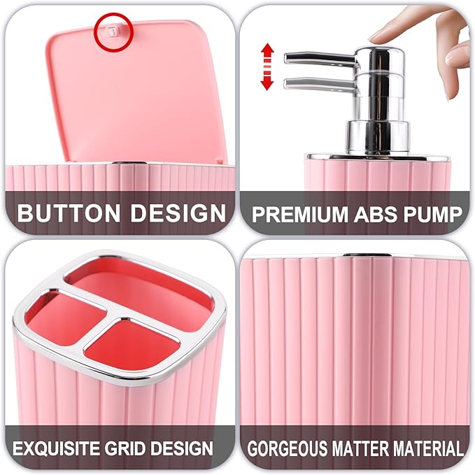 Bathroom Set with Shower Curtain and Rugs- 25PC Pink Bathroom Accessories, Shower Curtain Set, Toilet Brush, Trash Can, Qtip Holder & Soap Dispenser