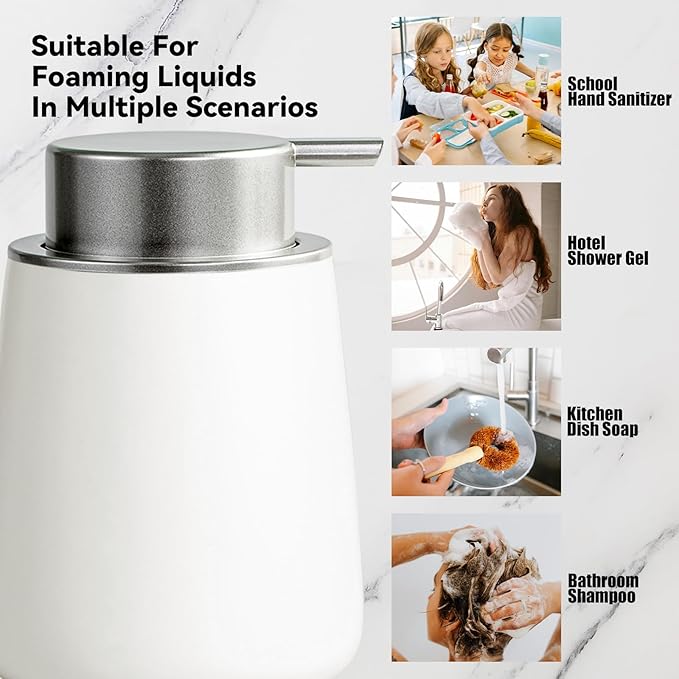 Foaming Soap Dispenser - 12 Oz White Ceramic Foam Hand Soap Dispenser for Bathroom, Face Wash Dispenser Bottle with Matte Silver Foaming Pump, Refillable Lotion Dish Dispenser for Kitchen