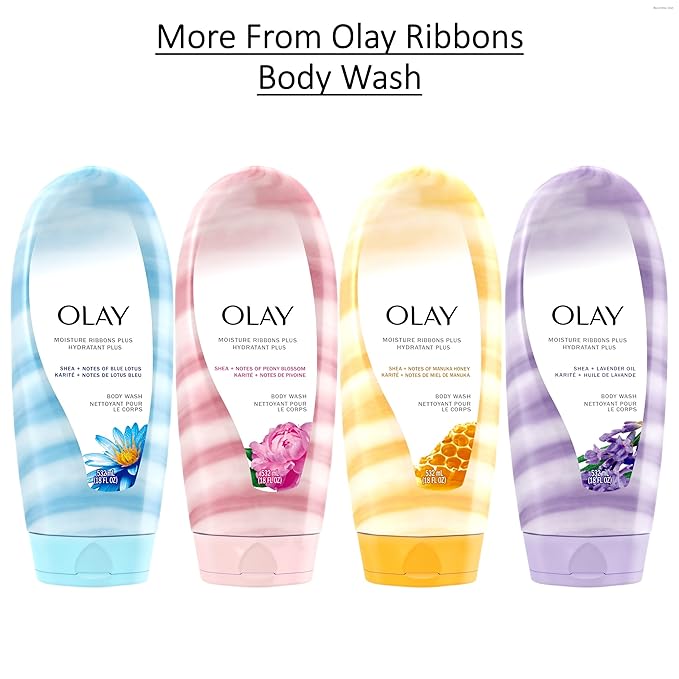 Olay Body Wash for Women, Moisture Ribbons Plus, Deep Conditioning & Moisturizing Formula, Long Lasting Smooth Soft Skin, For All Skin Types, Shea Butter & Blue Lotus Scent, 18 fl oz (Pack of 4)