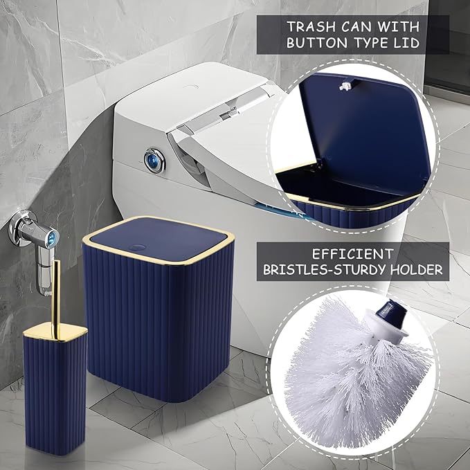 Bathroom Set with Shower Curtain and Rugs- 25PC Blue Bathroom Accessory Set, Navy Blue Shower Curtain Set, Toilet Brush, Trash Can, Qtip Holder & Soap Dispenser