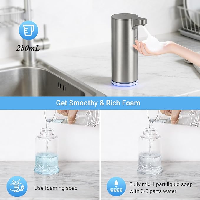 LAOPAO Automatic Foaming Soap Dispenser, Matte Stainless Steel Touchless Soap Dispenser with Self-Clean Mode, 1500mAh Rechargeable USB-C, IPX5 Waterproof Anti-Clogging Foam Pump for Kitchen & Bathroom