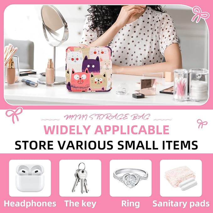 Sanitary Napkin Storage Bag,Period Bag,Portable Period Bag for Teen Pads Sanitary Napkins Small Tampons First Period Gifts for School Hygiene Bags Travel Containers (Cat)
