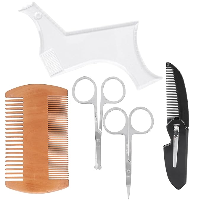 Transparent Beard Shaping Template Comb Scissors Set, Beard Grooming Styling Tool Kit, Double Sided Combs with Fine and Thick Teeth, Includes Folding Comb, Round Head and