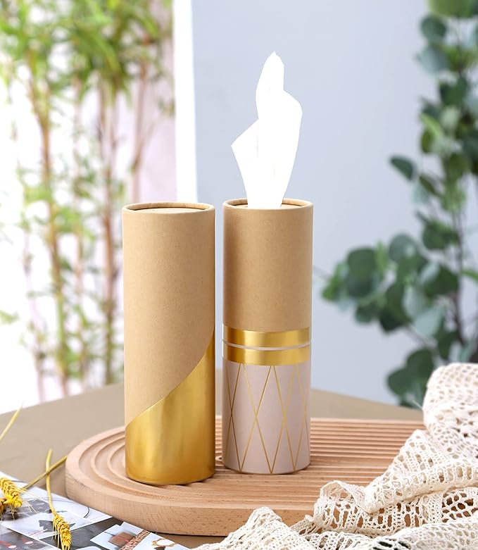 Car Tissue Holder with 3-ply Facial Tissues Bulk - 4 PK Gold Foil Cylinder, for Car, Travel Cup Holder, Refill Box Round Container Kraft
