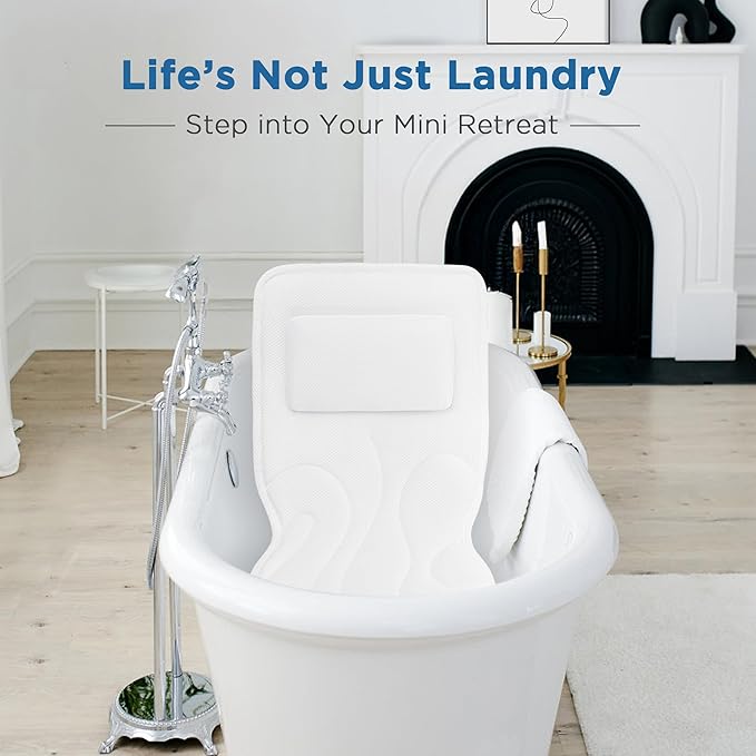 Full Body Bath Pillow for Tub, Extra Thick 4D Air Mesh & Quick-Dry Spa Pillow for Head Neck and Beck Support, Non-Slip Suction Cups Fits All Tubs - Luxury Bath Accessories for Relaxation (White)
