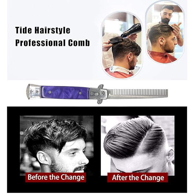 Folding Pocket Comb, Stainless Steel Beard Comb for Men, Switchblade Fine Tooth Mustache Combs Designed for Hair Salon Beauty Tool (Light Purple)