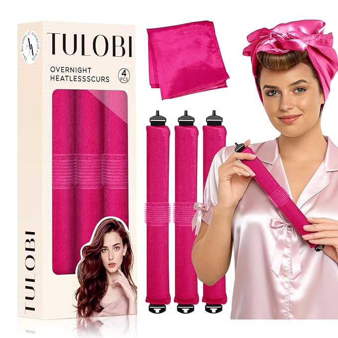 TULOBI 3 Pcs Heatless Curls Overnight - Upgraded Velvet Heatless Hair Curler with Velcro Fastener, Overnight Jumbo Blowout Rods, Hair Curlers to Sleep in for All Hair Types (Rose Red)
