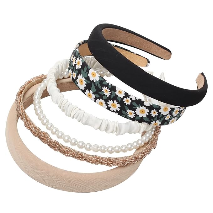 Cuizhiyu 6PK Different Designs Headbands for Women Non Slip Flower Black White Solid Headband Set Cute Pearl Hair Band for Girls Twisted Hairband