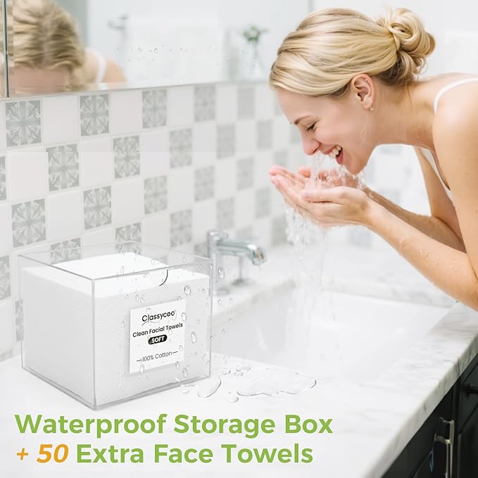 50 PCS Disposable Face Towel Holder, Acrylic Cosmetic Container for Clean Skin Club XL Towel, Makeup Remover Wipes Waterproof Box for Dresser Countertop, Bathroom Storage(Includes Cotton Cloth)