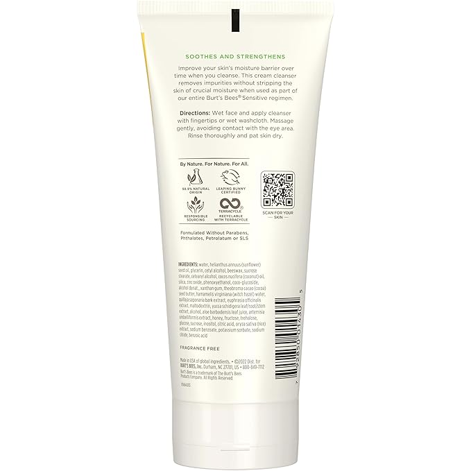 Burt's Bees Back To School Dorm Essentials, Gentle Cream Cleanser with Aloe for Sensitive Skin, 98.9% Natural Origin, 6 Ounces