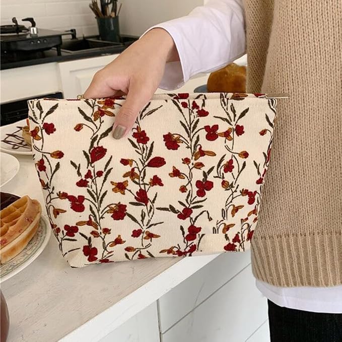 SxoSyo Makeup Bag for Women Cosmetic Bags Large Make up Brushes Pouch Travel Toiletry Zipper Purse Organizer for Gifts (flowers and plants, Beige)