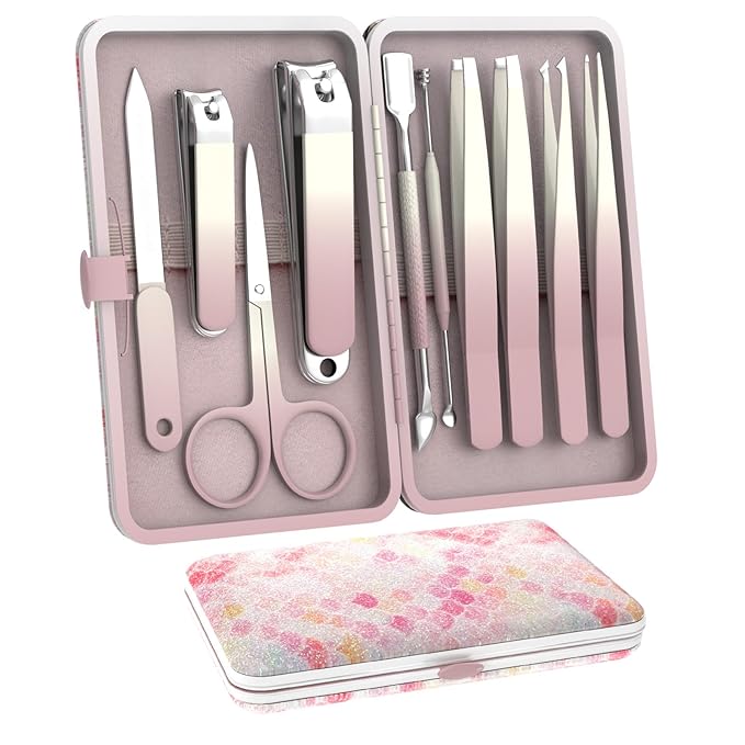 Manicure Set 10 in 1 Stainless Steel Nail Clippers Scissors Tweezers Grooming Kit with Travel Case (Pink)