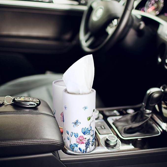 Fourluoo 12 Pack Spring Wildflower Cylinder Tissues for Car Floral Round Cylinder Holder with 3 Ply Facial Tissues for Spring Travel Home Bathroom Office Accessories