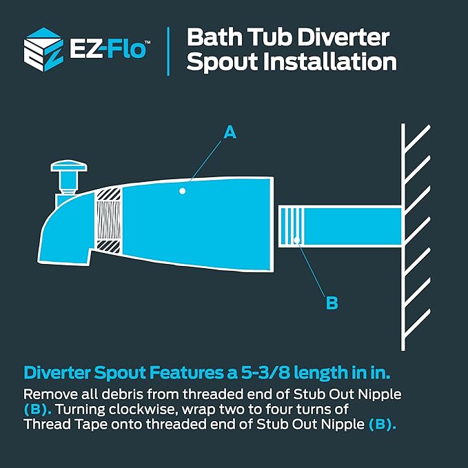 EZ-FLO 5 Inch Zinc Bath Tub Diverter Spout, 1/2 Inch IPS Pipe, Brushed Nickel, 15080