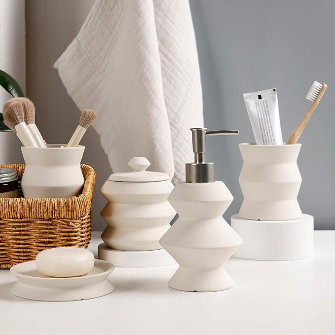Bathroom Accessory Set 5PCS, Beige Ceramic Bathroom Accessories Set, Unique Design Small Bathroom Accessories Sets Complete, Home Apartment Minimalist Bathroom Decor Vanity Countertop, ANTIS'S HOME