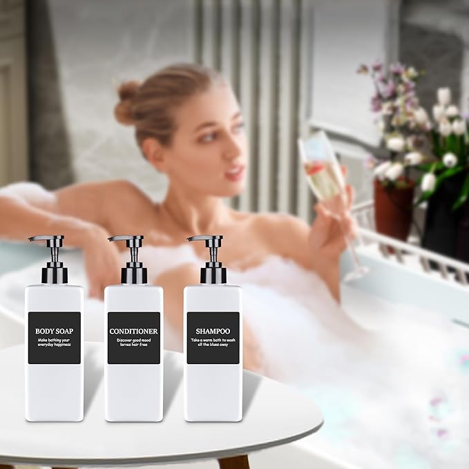 Refillable Plastic Pump Bottle Dispenser with Waterproof Labels - Empty Bathroom Soap and Body Wash Dispenser Set (White, Set of 3, 500ML)