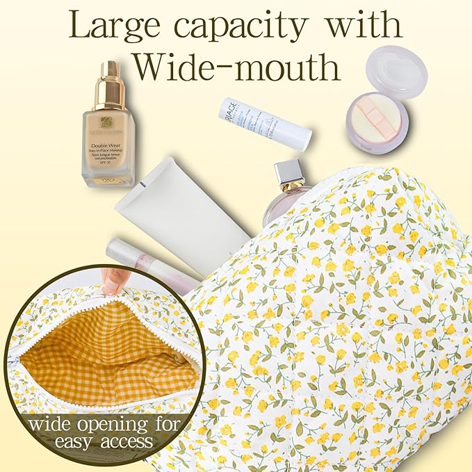 Quilted Makeup Bag Floral Cotton Make up Bag Puffy Coquette Makeup pouch Aesthetic Cute Travel Toiletry Bag for Women Girls
