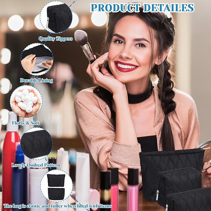 3 Pcs Puffy Makeup Bag Quilted Cosmetic Pouch for Women Cute Waterdrop Travel Toiletry Bag Puffer Makeup Organizer Purse Pouch Preppy Pencil Case with Zipper(Black)