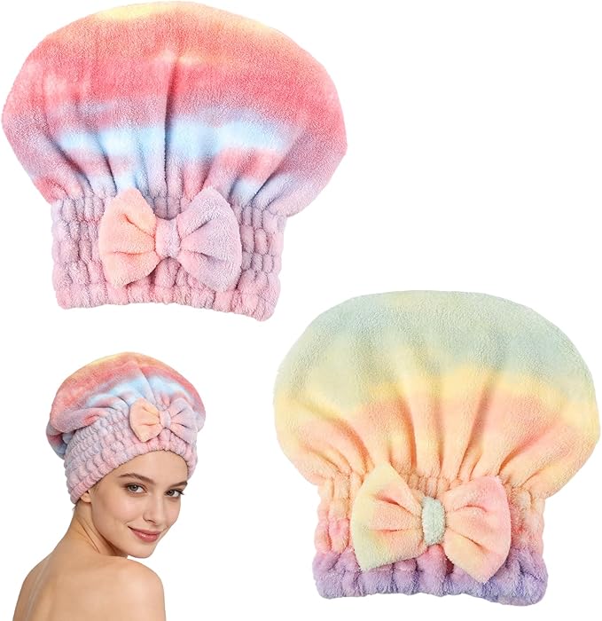2PCS Super Absorbent Hair Towel Wrap for Wet Hair,Microfiber Hair Drying Caps with Cute Bowtie,Fast Drying Hair Towel for Womenan for Home