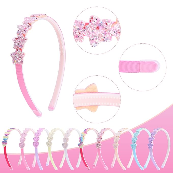 Fishdown Headband for Kids Girls, 10Pcs Rainbow Glitter Hairband for Toddler Heart Rainbow Star Non-slip Headbands with Teeth