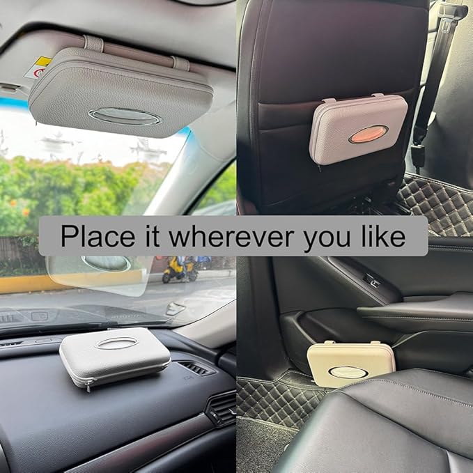 Sun Visor Tissue Holder, Zipper Napkin Holder, PU Leather Backseat Tissue Case for Vehicle (Grey)