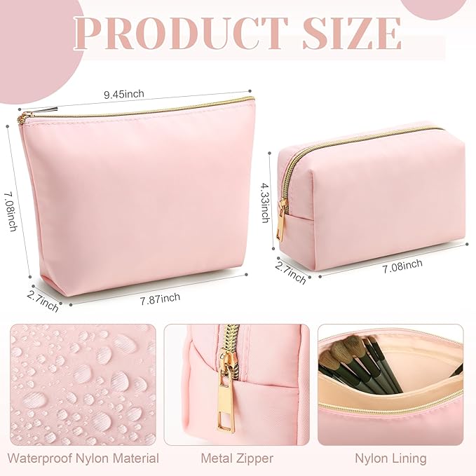 Kigeli 2 Pcs Nylon Makeup Bag Set for Women Wedding Favors Cosmetic Bag with Interior Pockets Preppy Cute Purse Pouch Pencil Case Makeup Brushes Storage Organizer for Travel Toiletry Bags(Pink)