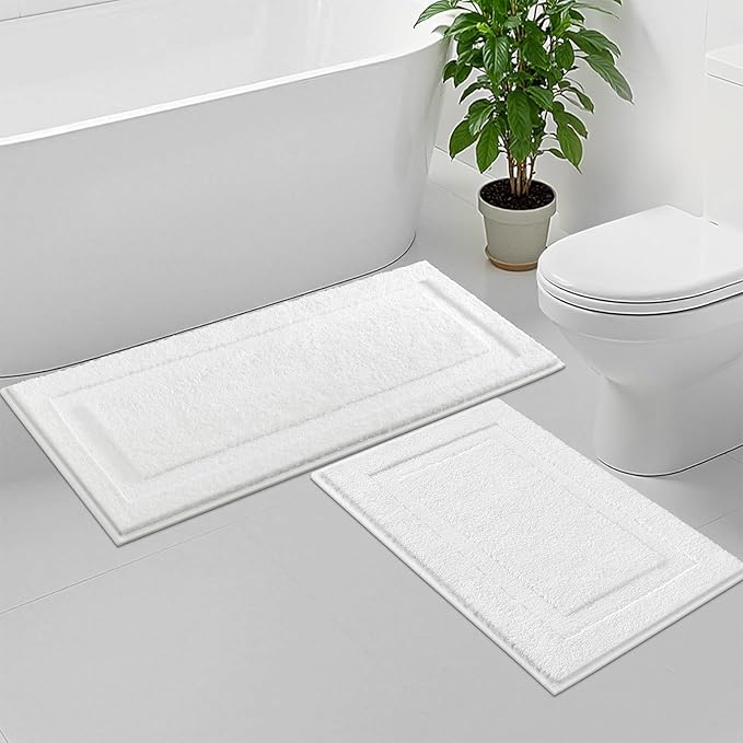 SHACOS White Bathroom Rugs Sets 2 Piece 32x20 + 47x20 inch, Non Slip Bath Mat Microfiber Washable Bathroom Rugs, Soft Fluffy Water Absorbent Bath Mat Set of 2