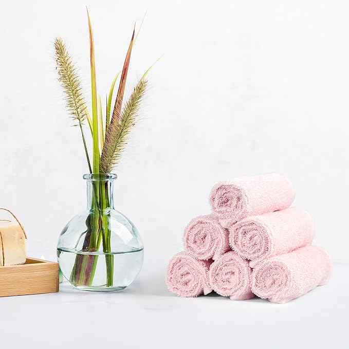 Amazon Basics face Towels for Bathroom, 100% Cotton Extra Absorbent washcloth, Fast Drying - Salon Towel - 144 Pack Petal Pink (12 x 12 inches)