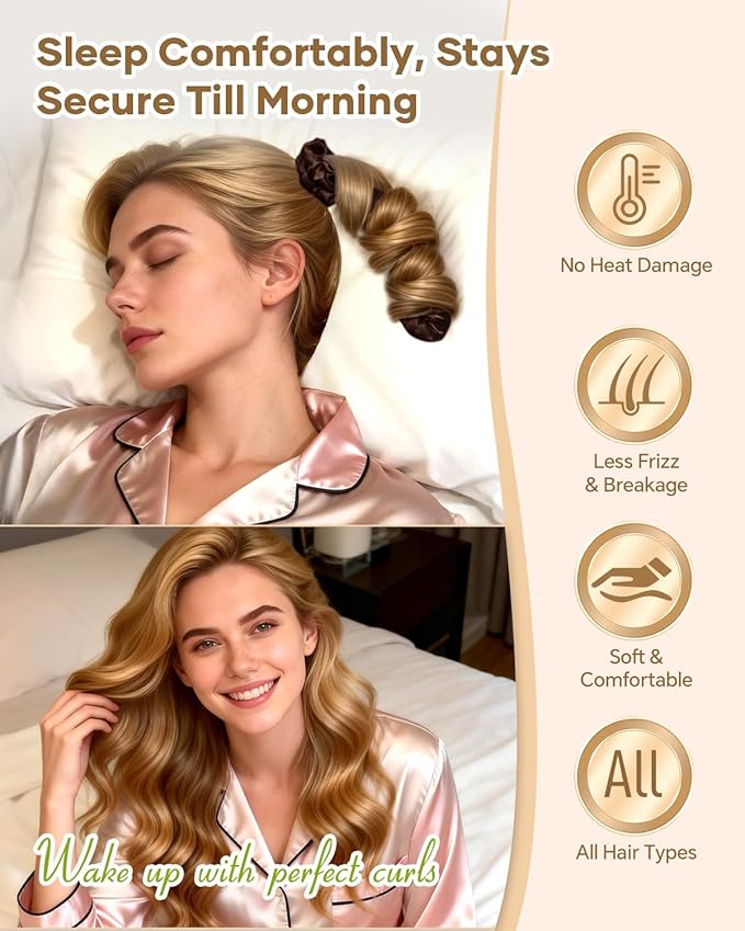 BONNET QUEEN Satin Heatless Hair Curler, Overnight Curls for Long Hair, ultra soft Heatless Curling Rod & 2 Scrunchies,Damage-Free Styling, Soft Hair Curlers for Overnight Use(Brown)
