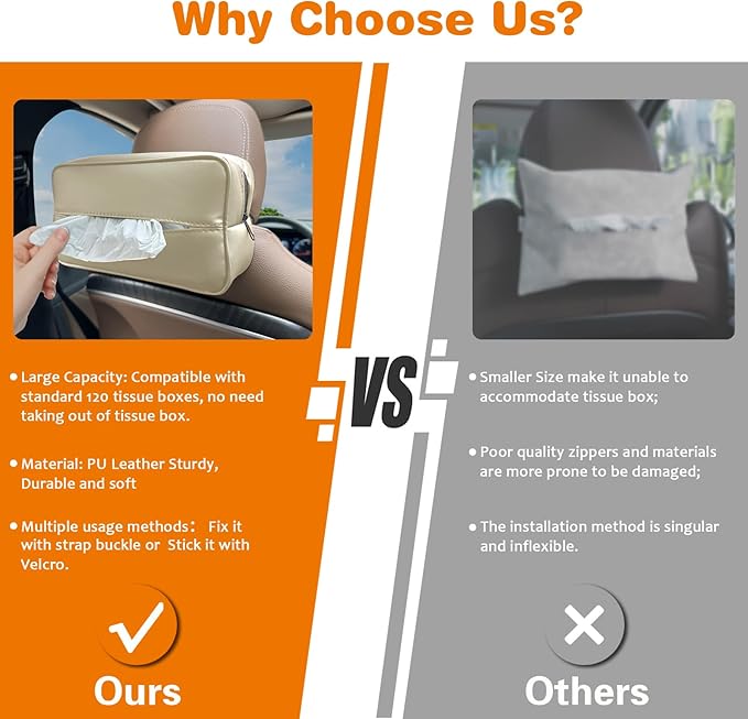 Large Car Tissue Holder for 120 Standard Tissues, Premium PU Leather Tissue Holder in Car Backseat Rectangular, Napkin Holder for Car Fits for Kleenex Tissues Box Daily Use Black (2, Beige)