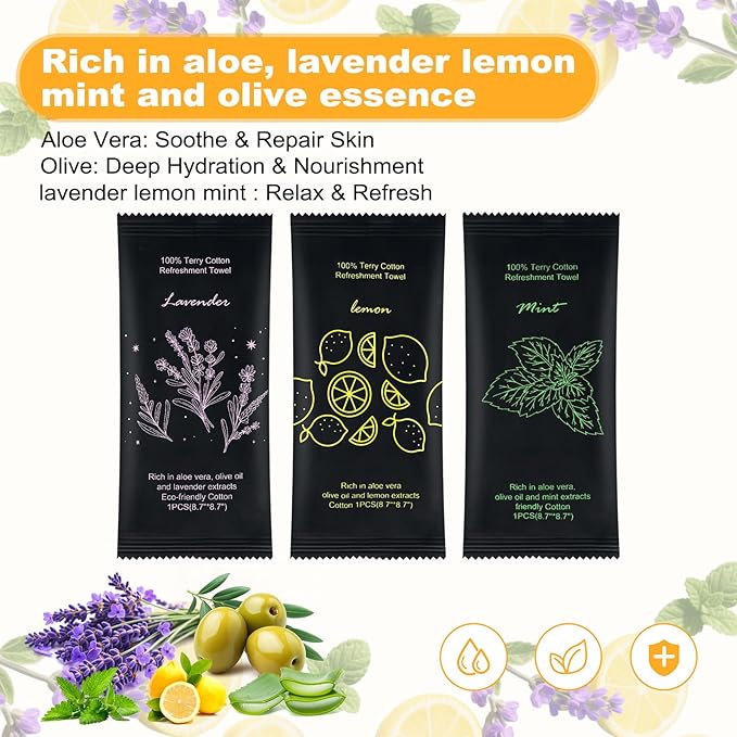 Moist Cotton Towel Bulk Moist Towelettes Individually Wrapped 8.7" x 8.7",White Towel Services,Refreshment Pre Moistened Towels Lavender,Lemon and Mint for Sport Party Spa(Pack of 150)