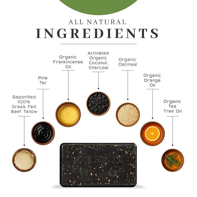 VanMan Tallow & Pine Tar Soap Bar – Grass-Fed Beef Tallow with Organic Oatmeal, Charcoal & Essential Oils – Exfoliating Face & Body Soap, 3.8oz - 5 Pack