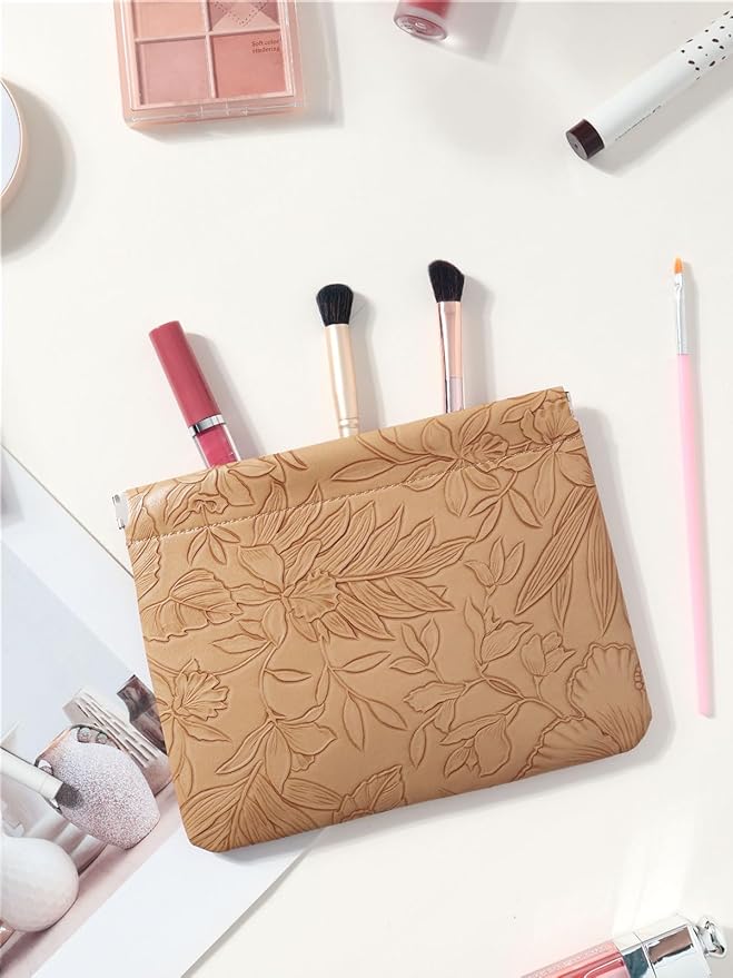 Brown Floral Leather Makeup Pouch Set for Women Small Make Up Bag for Purse Waterproof Initial Makeup Cosmetic Bags Pouches for Purse Aesthetic Travel Toiletry Bag