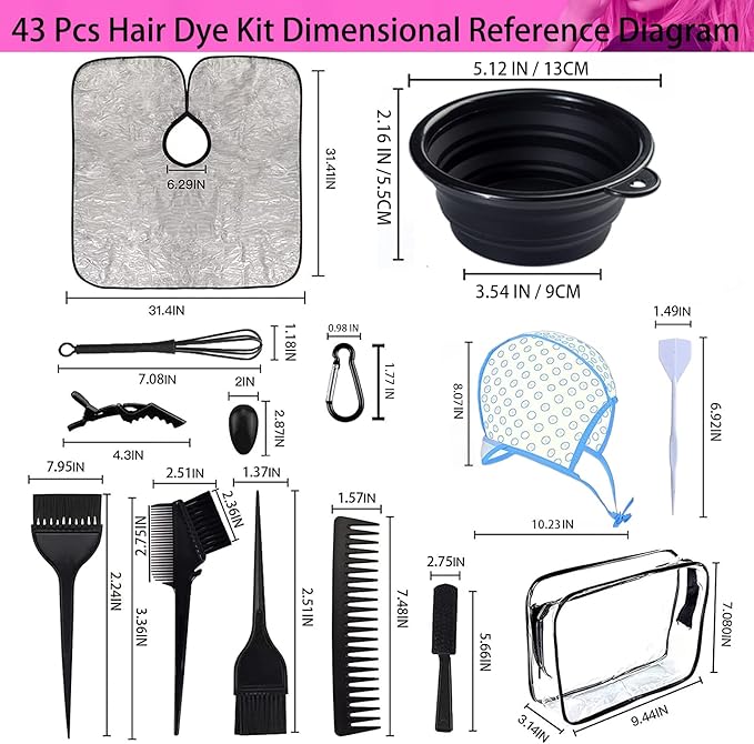 43 Pieces Pro Salon Hair Coloring Kit,Hair Dye Brush and Bowl Set,Highlighting Frosting Cap with Plastic Hooks,Dyeing Shawl,Ear Cover,Gloves,Clip for Dyeing Hair Hairdressing Tools