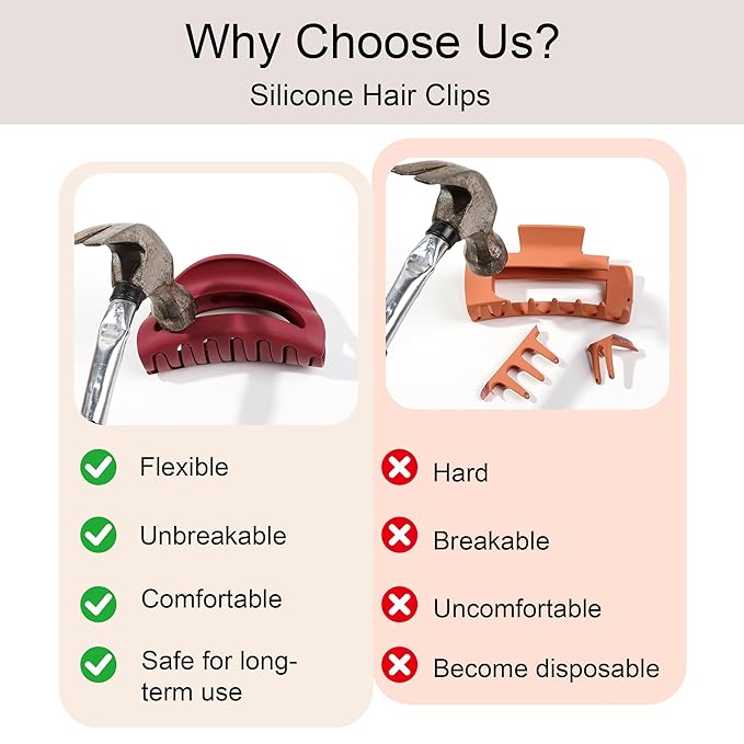 6Pcs Silicone Hair Claw Clips for Women, Mellow Flexible Hair Clip No Normal Hard Plastic Material,Non-Slip Strong Hold Durable Won't Break Cozy Claw Clips for Thick Hair