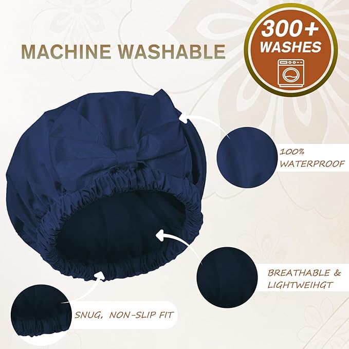 Reusable Shower Cap for Women with Stylish Bow, Non-Slip Waterproof Anti Humidity Bathing Cap, Roomy Anti Frizz for Short Medium Straight Wavy Hair, Soft Elastic & Machine Washable, Navy Blue