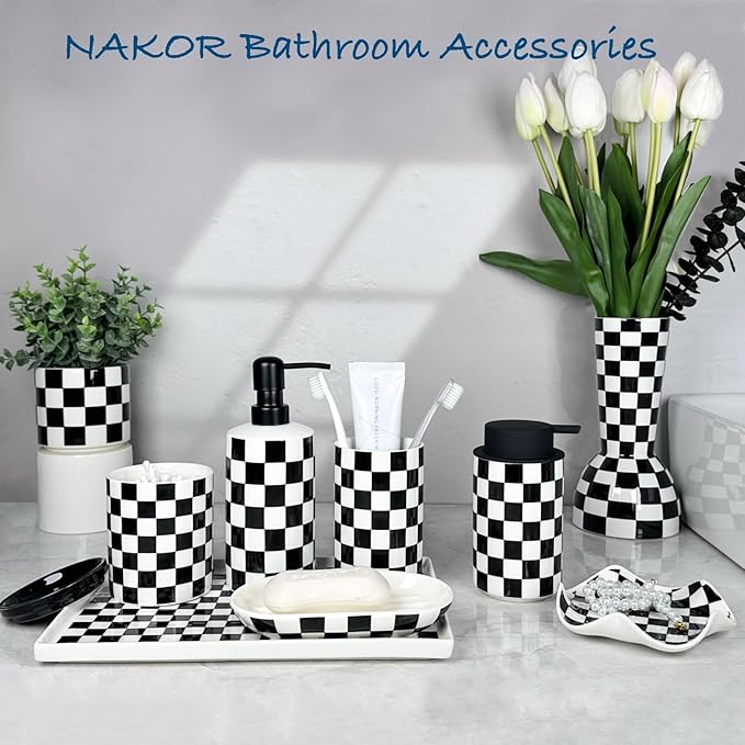 Foaming Soap Dispenser, Foam Hand Soap Dispenser for Bathroom Countertop, Modern Black and White Foamy Hand Soap Refills Bottle for Kitchen,Bathroom-Checkered Bathroom Decor
