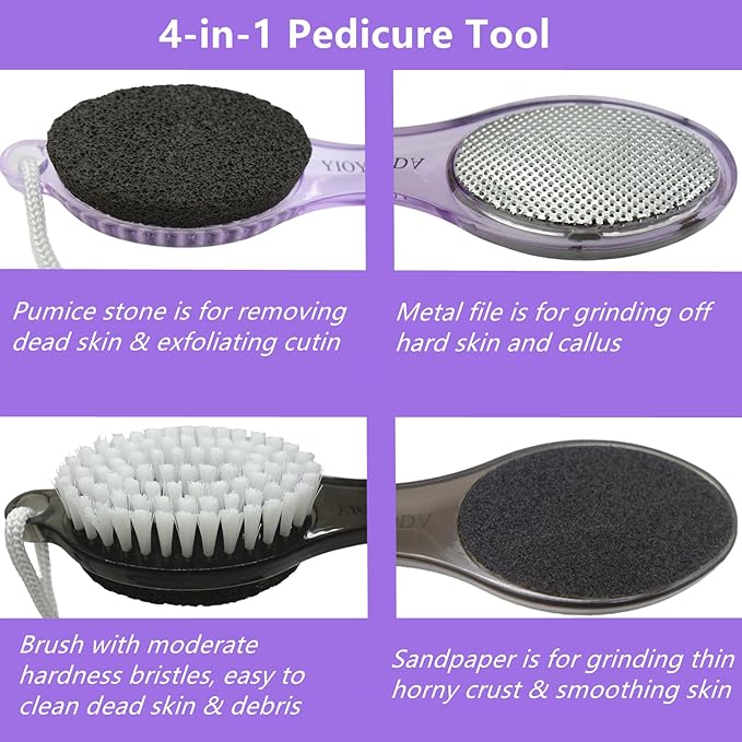 Foot File Callus Remover 4-in-1, Feet Scraper Pedicure Tools with Pumice Stone, Scrubber Brush, Foot Rasp and Sand Paper, Double Sided Multi Purpose, Clear Black and Purple