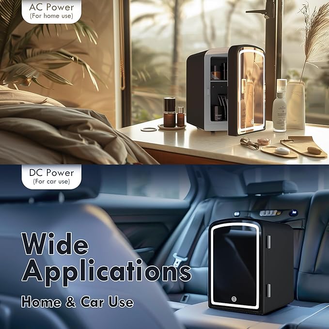4L Mini Skincare Fridge with Dimmable LED Mirror, Portable Beauty Refrigerator for Makeup, Cosmetic, Personal Small Refrigerator with Cooler and Warmer for Bedroom, Office and Car(Black)