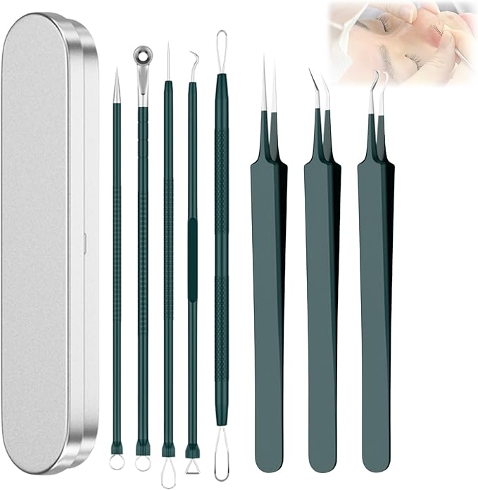 Usiveinborn Blackhead Remover Upgraded, Usiveinborn Blackhead Tweezers, Professional Upgraded Facial Blackhead Remover Tweezers, Blackhead Remover Tools Sets (A2-Green-8pcs)