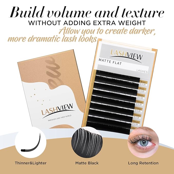 LASHVIEW Eyelash Extensions,Ellipse Flat Eyelash Extensions 0.15mm D Curl 8-15mm Mixed Tray, Black,Individual Lashes,Super Matte Extremely Soft Professional Salon Use