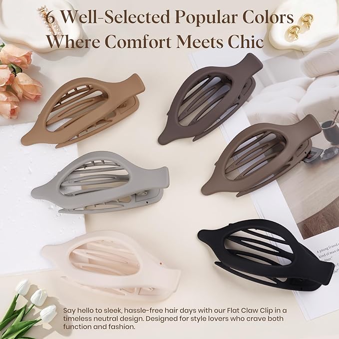 6 PCS Large Flat Hair Clips for Women Girls, French Concord Lay Down Flat Claw Clips for Thick Thin Hair, Comfortable Curved Hair Clip, Matte Non-slip Strong Hold Hair Accessories, Brown
