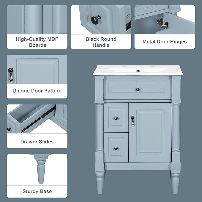 Harper & Bright Designs 24" Bathroom Vanity with Sink, Free Standing Bathroom Vanity Set with Flip Drawer, 2 Drawers, and Adjustable Shelf, Storage Cabinet with Ceramic Basin for Bathroom, Blue Grey
