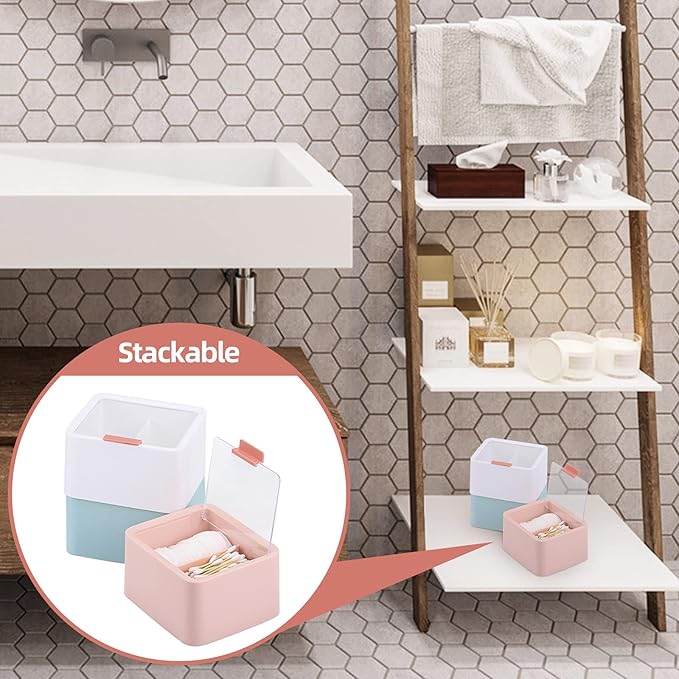 Tecbeauty Qtips Storage Organizer - 2 Grids Separate Cotton Swabs Dispenser Qtips Holder Bathroom Canisters with Hinged Lids for Cotton Balls, Pads, Pink