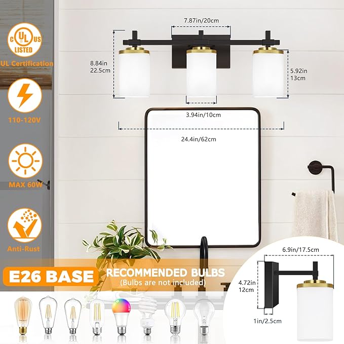 3-Lights Black and Gold Bathroom Lighting Fixtures Over Mirror, Anti-Rust Vanity Wall Lights for Bathroom with Milky White Frosted Glass Shades, Modern Bath Wall Lamp for Living Room Bedroom