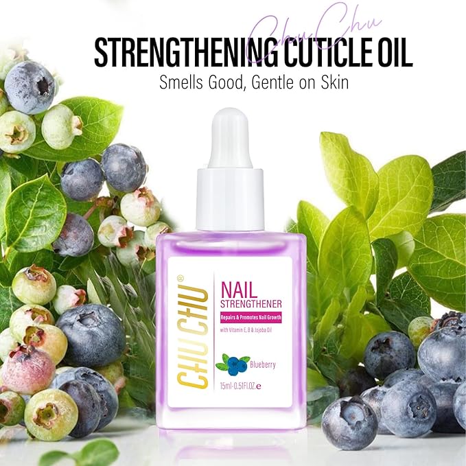 CHUCHU Nail Growth and Strengthener Oil for Cuticle - Blueberry Scent Cuticle Oil Repair Moisturizing Treatment - Natural Jojoba Vitamin B & E Nail Oil for Dry Cracked Nails