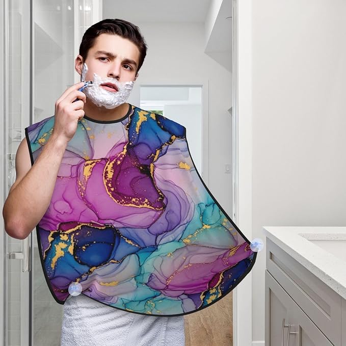 Adjustable Beard Bib, Non-Stick Hair Catcher Cape for Men's Shaving, Waterproof with 2 Suction Cups, Purple Gold Marble Shave Bib